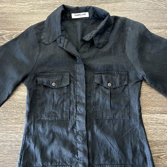 EUC Pampelone Mae Black Linen Utility Dress Sz Small Button Down 3/4 Sleeve Mini - Picture 15 of 16